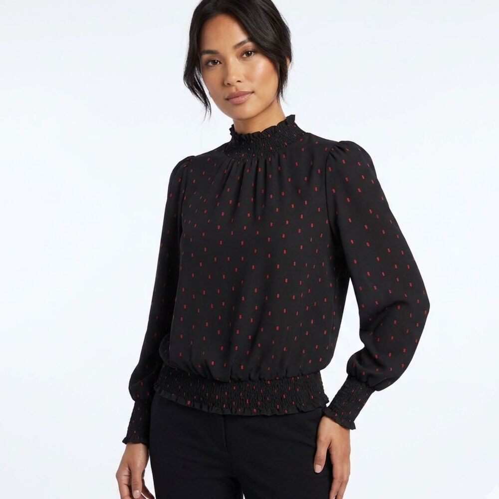 Sanctuary Smocked Mock Neck Blouse - Black & Red Dash Print - Size M